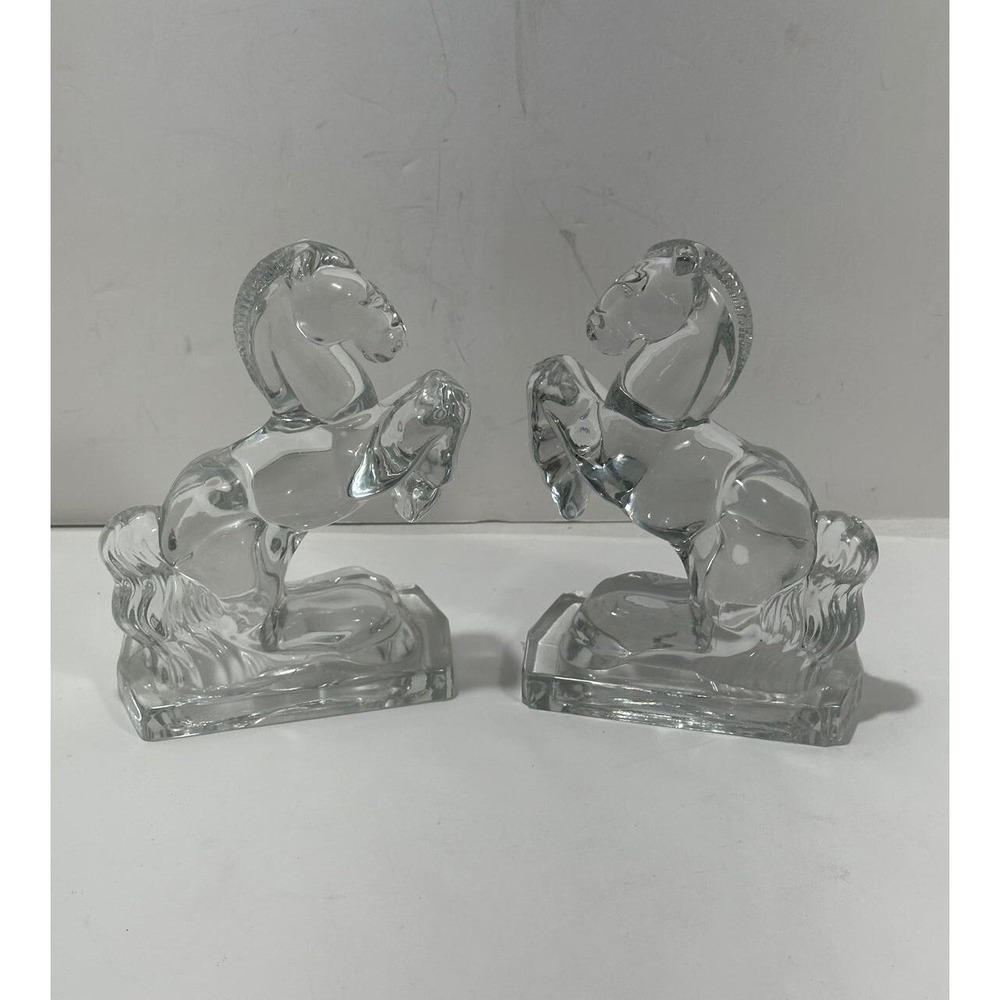 Vintage Clear Glass Pair of 8" HEAVY Rearing Horse Bookends - Picture 2 of 11